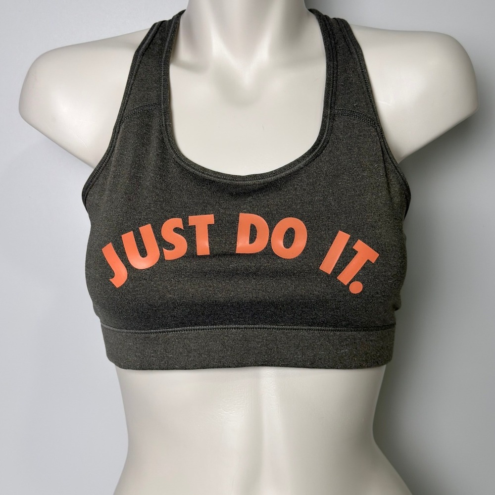 Nike Dri-FIT Sports Bra Womens Large Gray Orange Just Do It Racerback Yoga Gym
